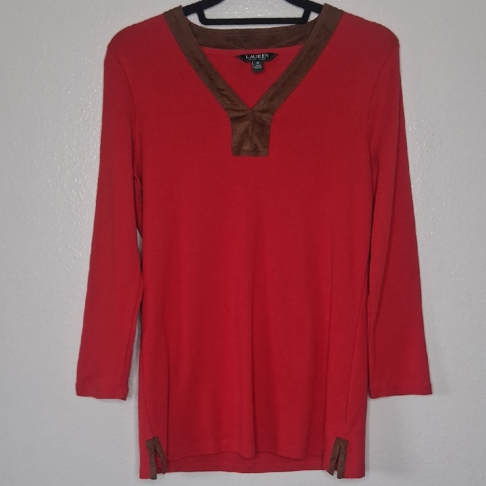 Ralph Lauren Women Faux Suede Trim Top Blouse Red V-neck Size Medium